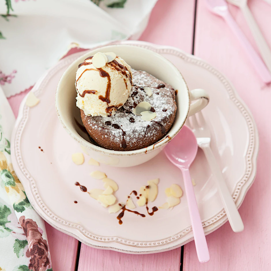 Mit einer Kugel Vanille-Eis ist der schnelle Tassenkuchen einfach perfekt.