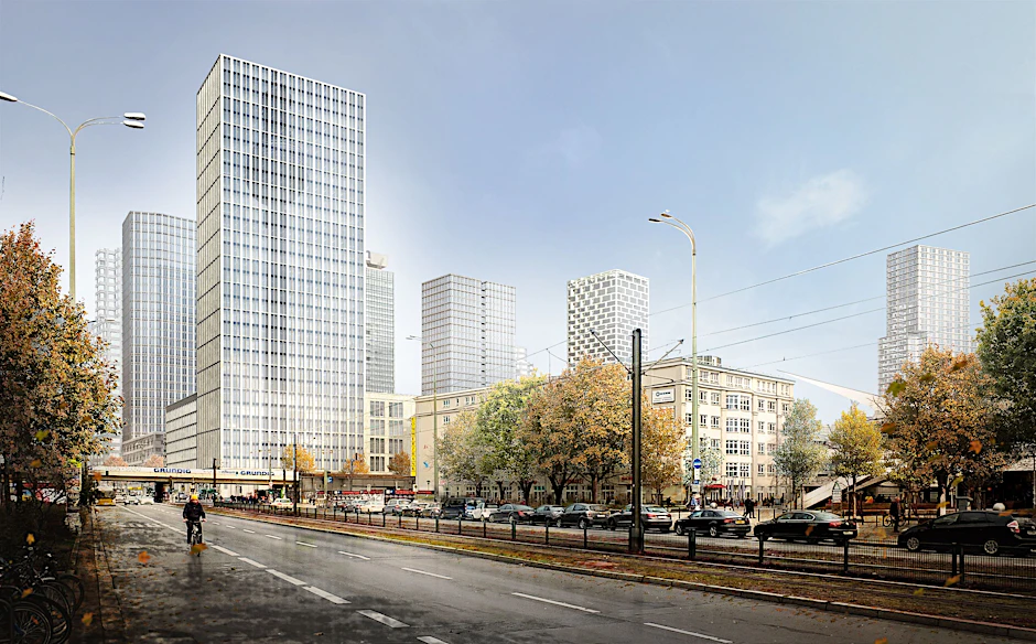 Zukunftsvision: So könnte es in wenigen Jahren am Alex aussehen, wenn die Investoren ihre Pläne realisieren. Links das Hochhaus von Signa; mittig (mit Schlitz) der Covivio-Turm von Sauerbruch Hutton; ganz rechts der 150 Meter hohe „Alexander Tower“ von Monarch.<br>