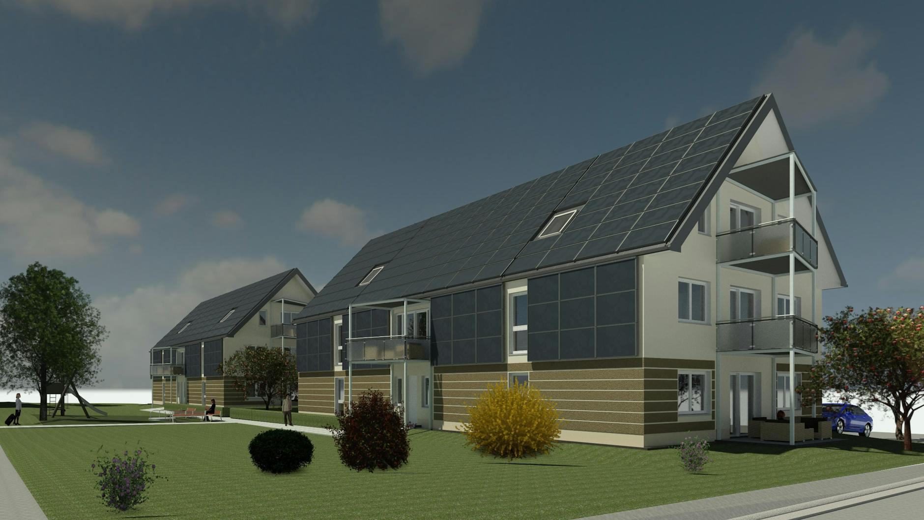 Diese Mehrfamilienhäuser im brandenburgischen Lübben sollen über Sonnenenergie völlig autark sein: bei Wärme, Hausstrom und Mobilität. Der Vermieter setzt auf eine radikale Vereinfachung der Haustechnik.