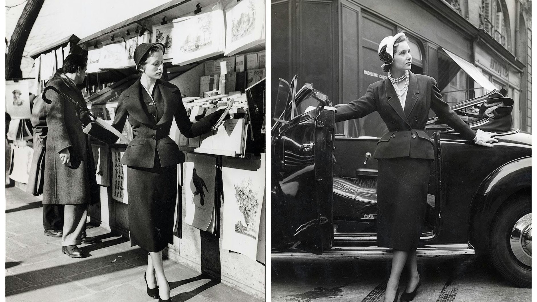 Zweimal Haute Couture von Dior: links der Premier Avril Suit (1959), rechts der Acacias Suit (1949).