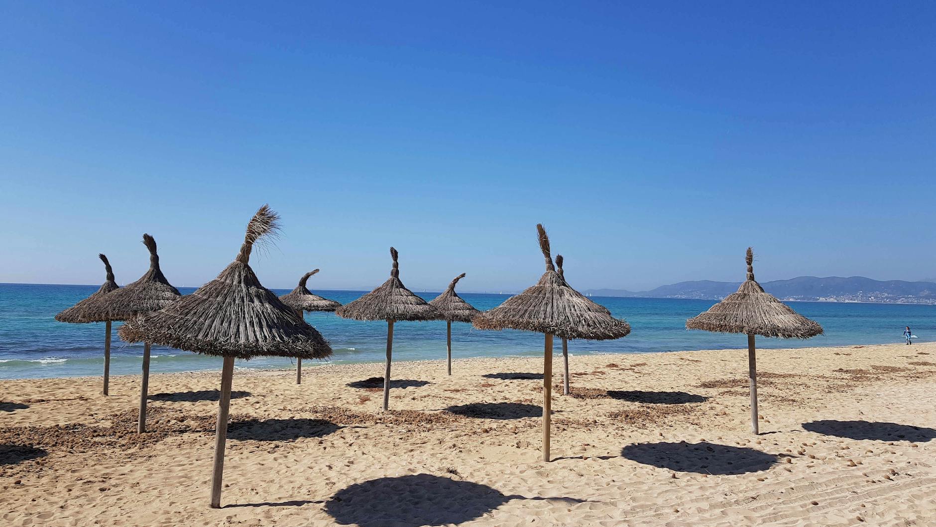 Sonnenschirme stehen an einem Strand der Plaja de Palma.