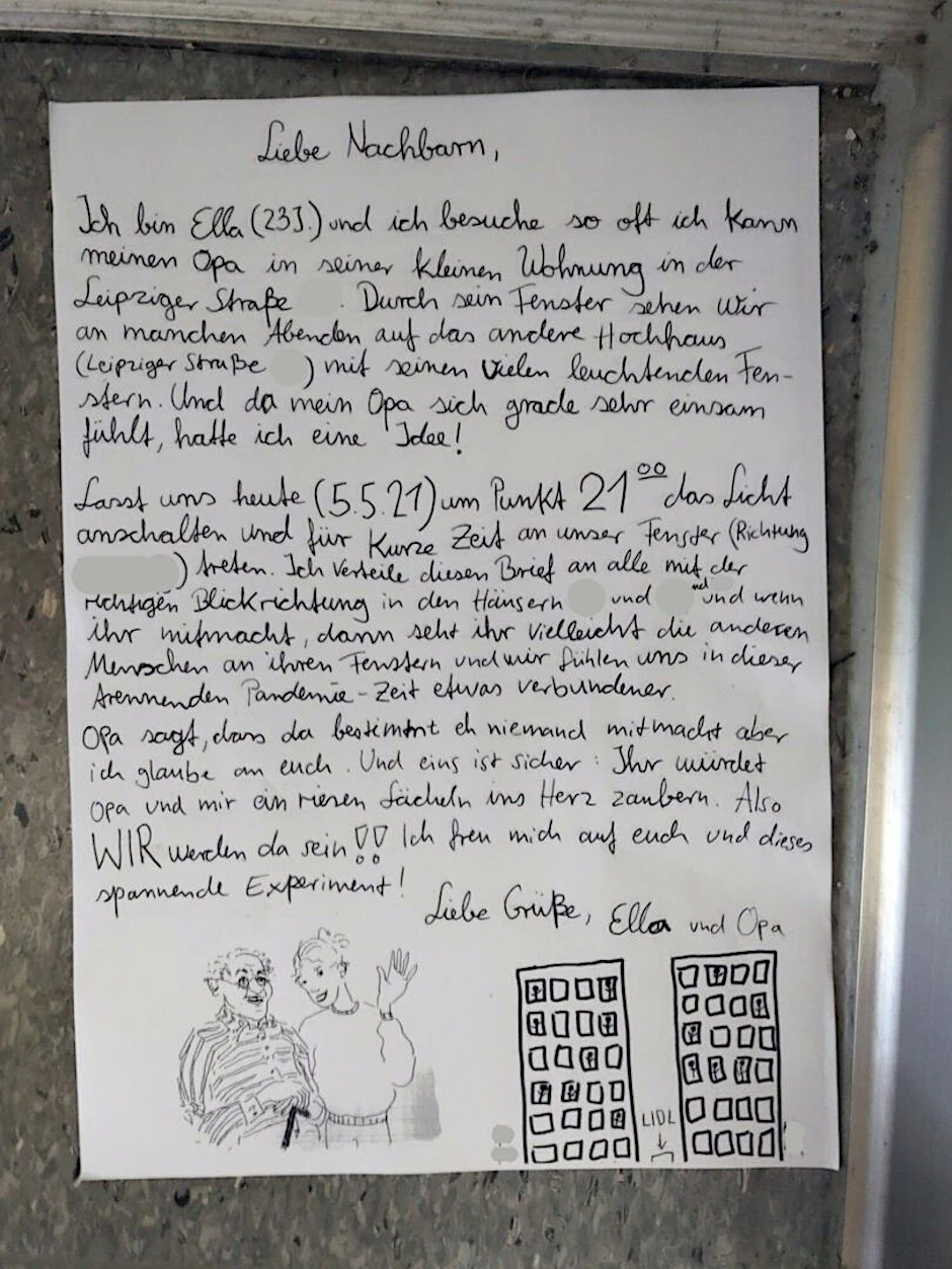 Mit diesem Zettel, einem Brief und einer Zeichnung rief Ella (23) dazu auf, ihren einsamen Opa mit Winken und Licht in den Fenstern zu grüßen.