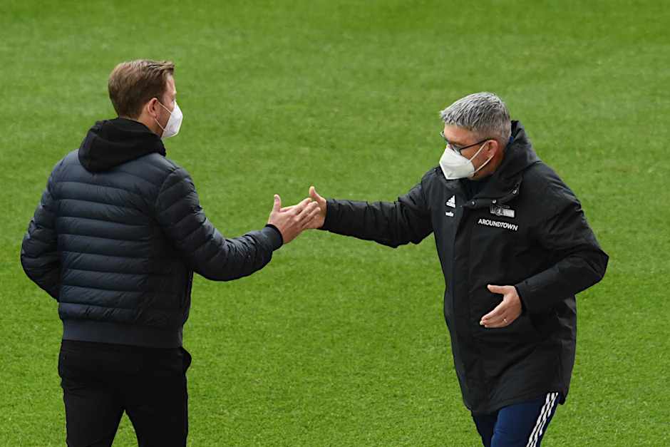 Union-Trainer Urs Fischer (r.) und Bremen-Kollege Florian Kohfeldt hegen großen Respekt füreinander. Und auch die Union-Fans und der Bremer Anhang haben einiges füreinander übrig.&nbsp;