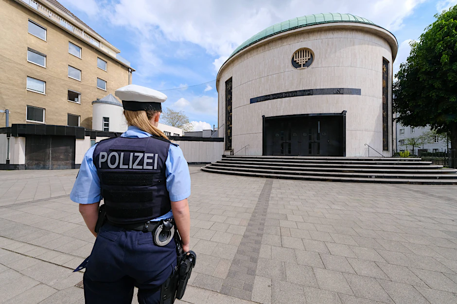 Eine Polizistin steht vor einer Synagoge in Düsseldorf. Zuletzt kam es zu mehreren Attacken auf Synagogen in Deutschland.&nbsp;
