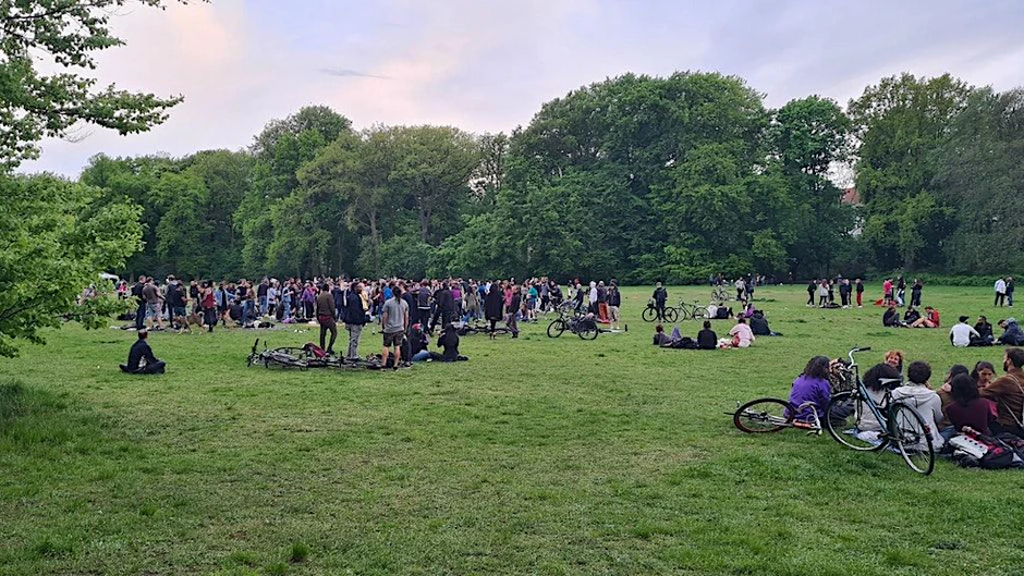 Im Treptower Park hat sich am Sonnabend eine Menschenmenge zu einer „Tanzdemo“ versammelt.