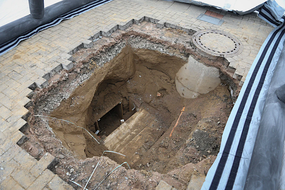 Blick in einen Schacht neben dem Gebäude der örtlichen Volksbank. Einbrecher haben einen&nbsp;unterirdischen&nbsp;Tunnel bis zu einer Volksbank in Spenge (Kreis Herford) gegraben.