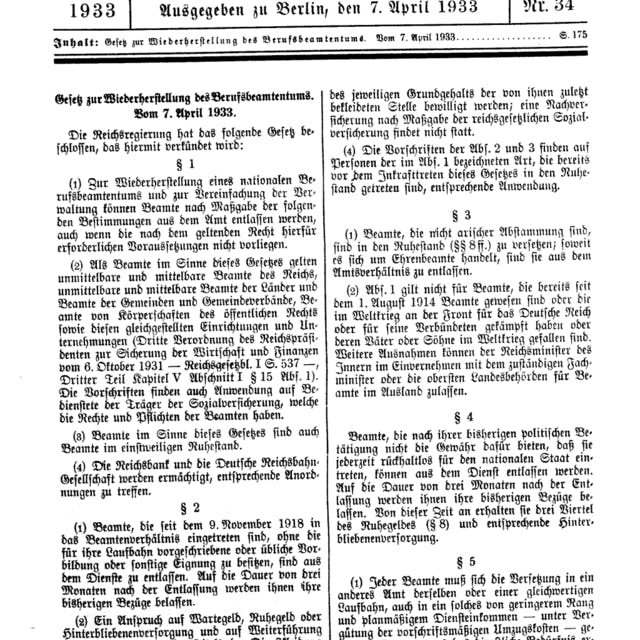 Two months after coming to power, Hitler's government passed the Law for the Restoration of the Professional Civil Service on 7 April 1933, thus creating the basis for "equalising" the civil service and dismissing opponents of the Nazi regime.