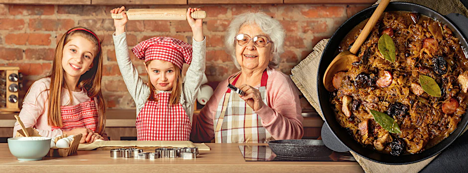 Kochrezepte werden oft von Generation zu Generation weitergegeben. Rechts: Bigos ist ein Eintopf mit Sauerkraut.
