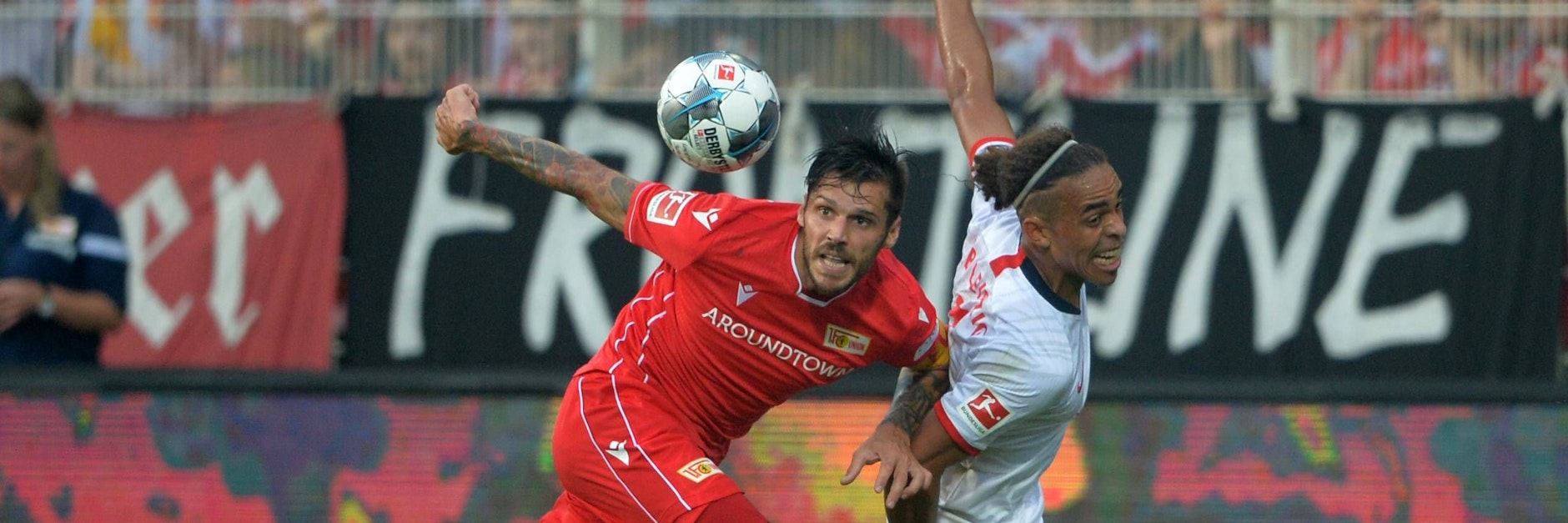 Christopher Trimmel bei der Bundesligapremieren 2019 im Duell mit&nbsp;Yussuf Poulsen – beide standen sich schon beim ersten Aufeinandertreffen zwischen dem 1.FC Union und RB Leipzig gegenüber, 2014 siegten die Eisernen sogar.&nbsp;