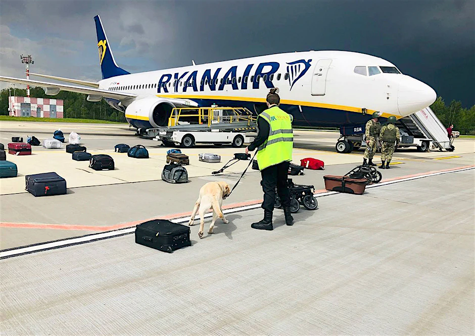 Ein Sicherheitsmann inspiziert mit einem Spürhund das Gepäck eines Ryanair-Flugzeuges. Belarussische Behörden hatten ein Flugzeug auf dem Weg von Athen nach Vilnius zur Landung gebracht.&nbsp;