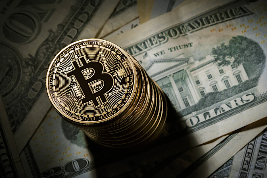 Ein Stapel Bitcoin-Münzen liegt auf Dollarscheinen (Symbolfoto)