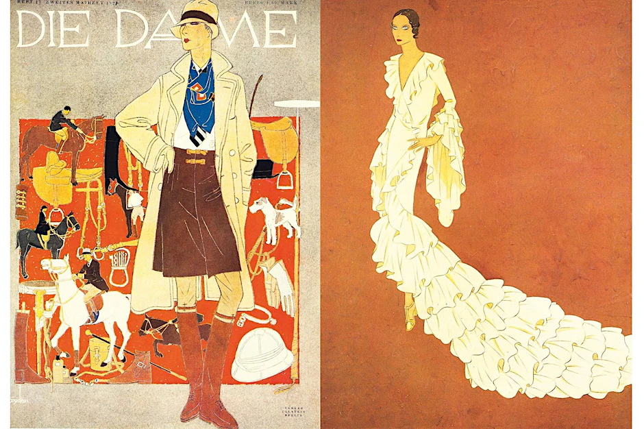 Gestaltet von Ernst Dryden (von links):&nbsp;Cover von Die Dame Nr. 17 (1927) im Hermès-Look, Zeichnung eines Volantkleids für Die Dame, Guasch und Bleistift (um 1928).