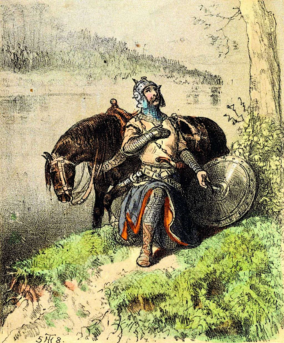 Glauben wir dieser Kreidelithografie (1858), war es so: Slawenfürst Jacza glückt 1157 die Flucht vor Albrecht dem Bären durch die Havel und er bekennt sich aus Dankbarkeit zum Christentum. Eine schöne, aber keine wahre Geschichte.  