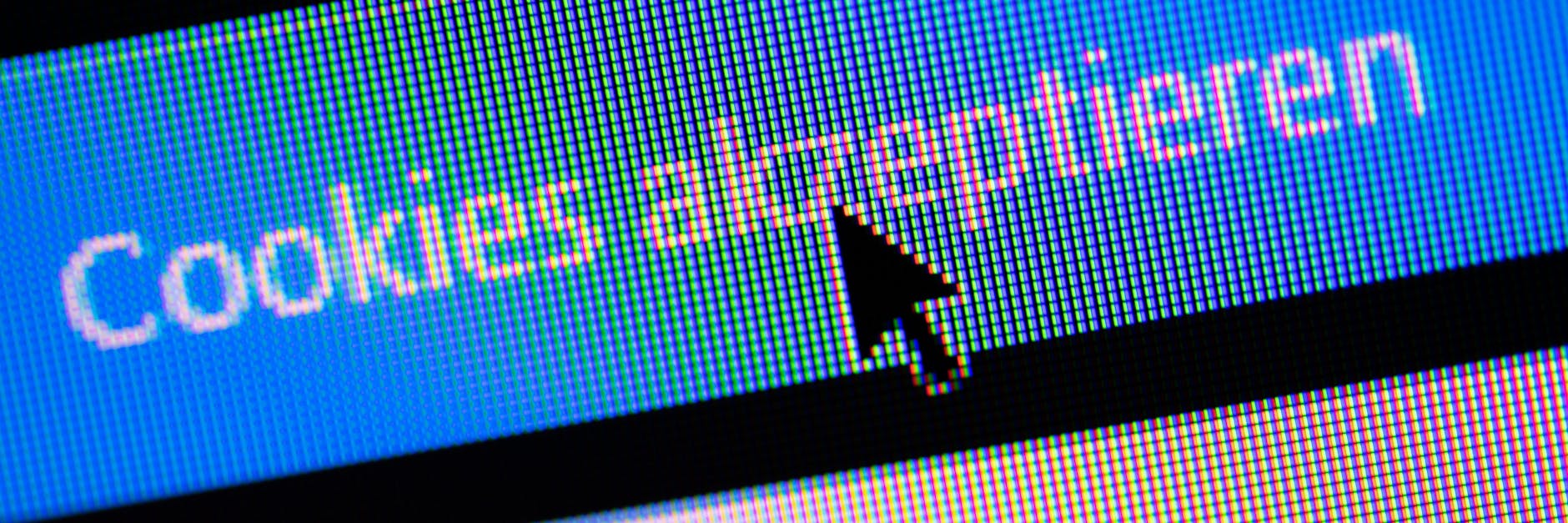 Ein Mauszeiger klickt auf einen Button mit der Aufschrift „Cookies akzeptieren“. 