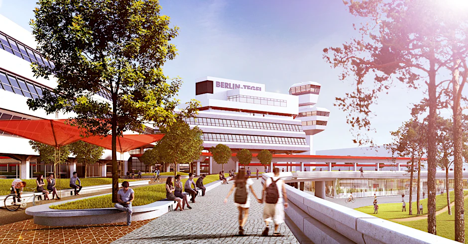 Blick in die Zukunft: So soll es in ein paar Jahren am Flughafen Tegel aussehen, wenn die Berliner Hochschule für Technik eingezogen ist.