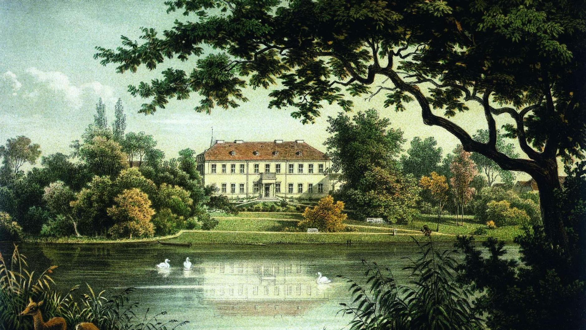 Vom Rittergut zum Landgut. Die Farblithografie zeigt das Herrenhaus der Familie von Itzenplitz am Groß Behnitzer See um 1860. Albert Borsig kaufte es samt Logierhaus und Ländereien sechs Jahre später – und errichtete dazu ein Ziegelstein-Ensemble.