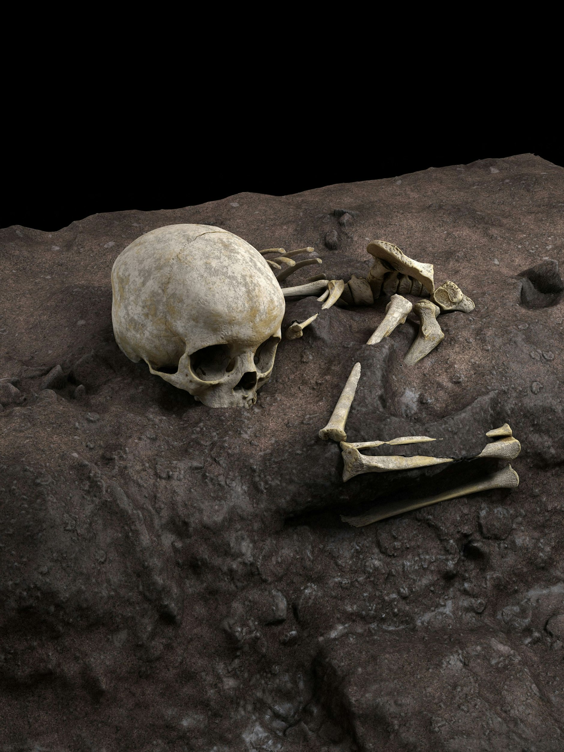 Mit angezogenen Knien und einem nach vorn gebeugten Oberkörper ist das auf der Seite liegende Kind in einer flachen Grube bestattet worden.