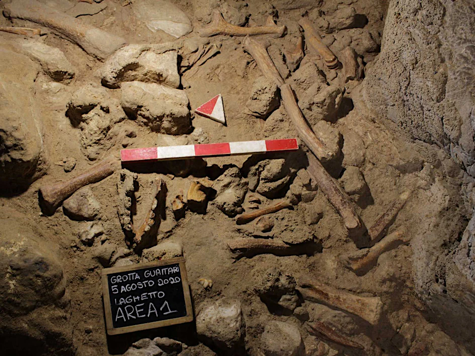 Ein Blick in die Guattari-Höhle am Circeo-Berg zwischen Rom und Neapel in Italien mit Markierungen von August 2020. Hier haben Wissenschaftler bei neuen Untersuchungen Überreste von weiteren neun Neanderthalern gefunden.