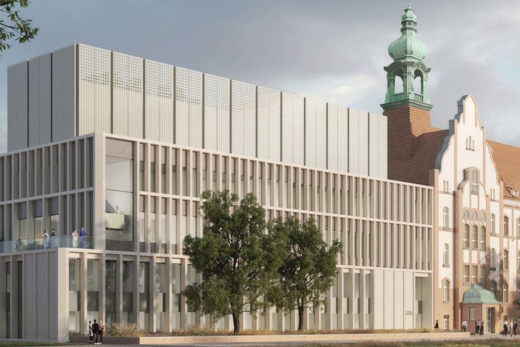 Der Sieger: Mit dem Entwurf für einen Neubau mit heller Fassade neben dem denkmalgeschützten Bestandsgebäude hat das Büro rw+ Gesellschaft von Architekten den Wettbewerb für ein neues Labor- und Verwaltungsgebäude des Umweltbundesamts Unter den Eichen gewonnen.