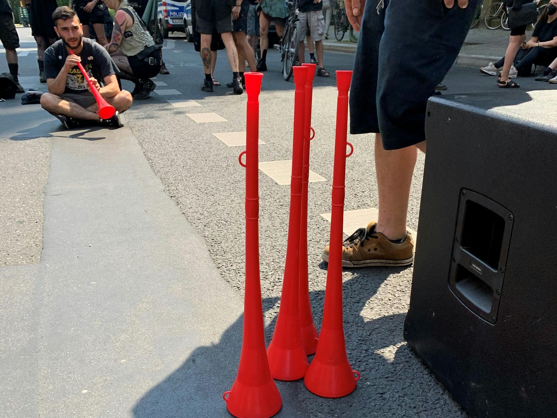 Die Demonstranten hatten Vuvuzelas mitgebracht, um ordentlich Krach zu machen.