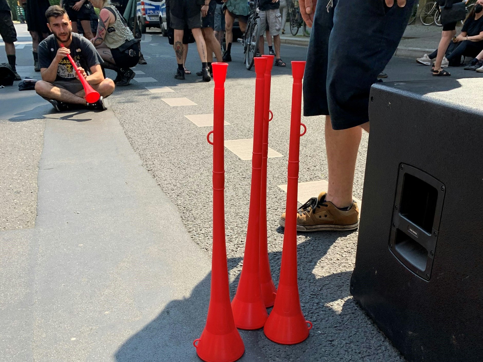 Die Demonstranten hatten Vuvuzelas mitgebracht, um ordentlich Krach zu machen.