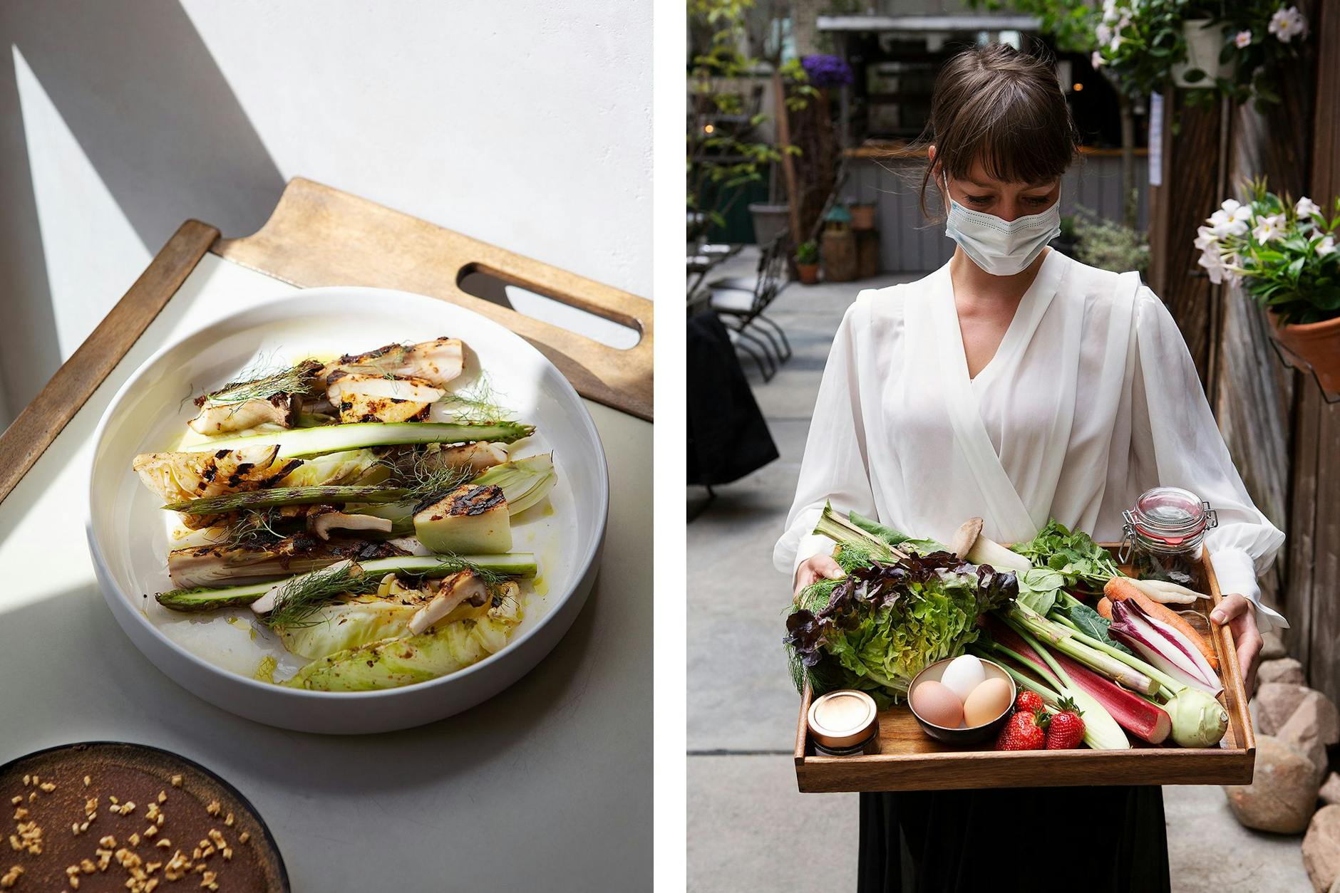 Man setzt im Michelberger auf Natur. Hier in Form von gegrilltem Gemüse (links). Rechts: Es gibt keine Speisekarte, sondern die Zutaten werden dem Gast am Tisch präsentiert.