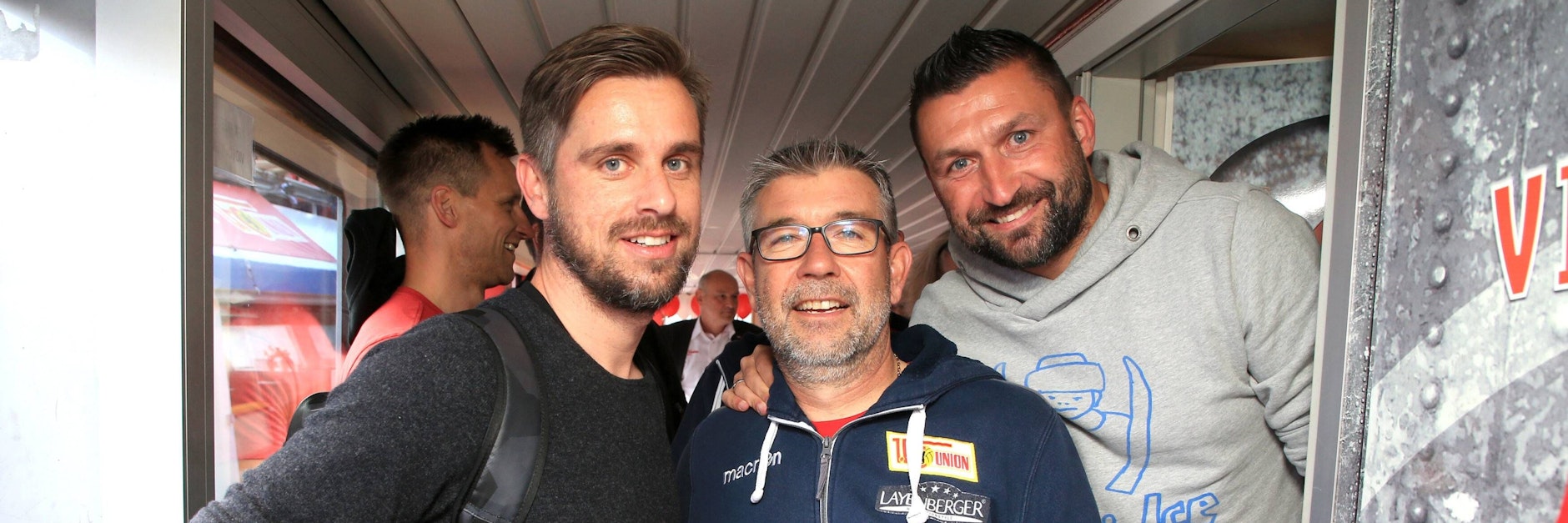 Co-Trainer Sebastian Boenig, Cheftrainer Urs Fischer und Union-Legende Torsten Mattuschka feierten 2019 den Aufstieg mit einer Bootsfahrt auf der Spree.