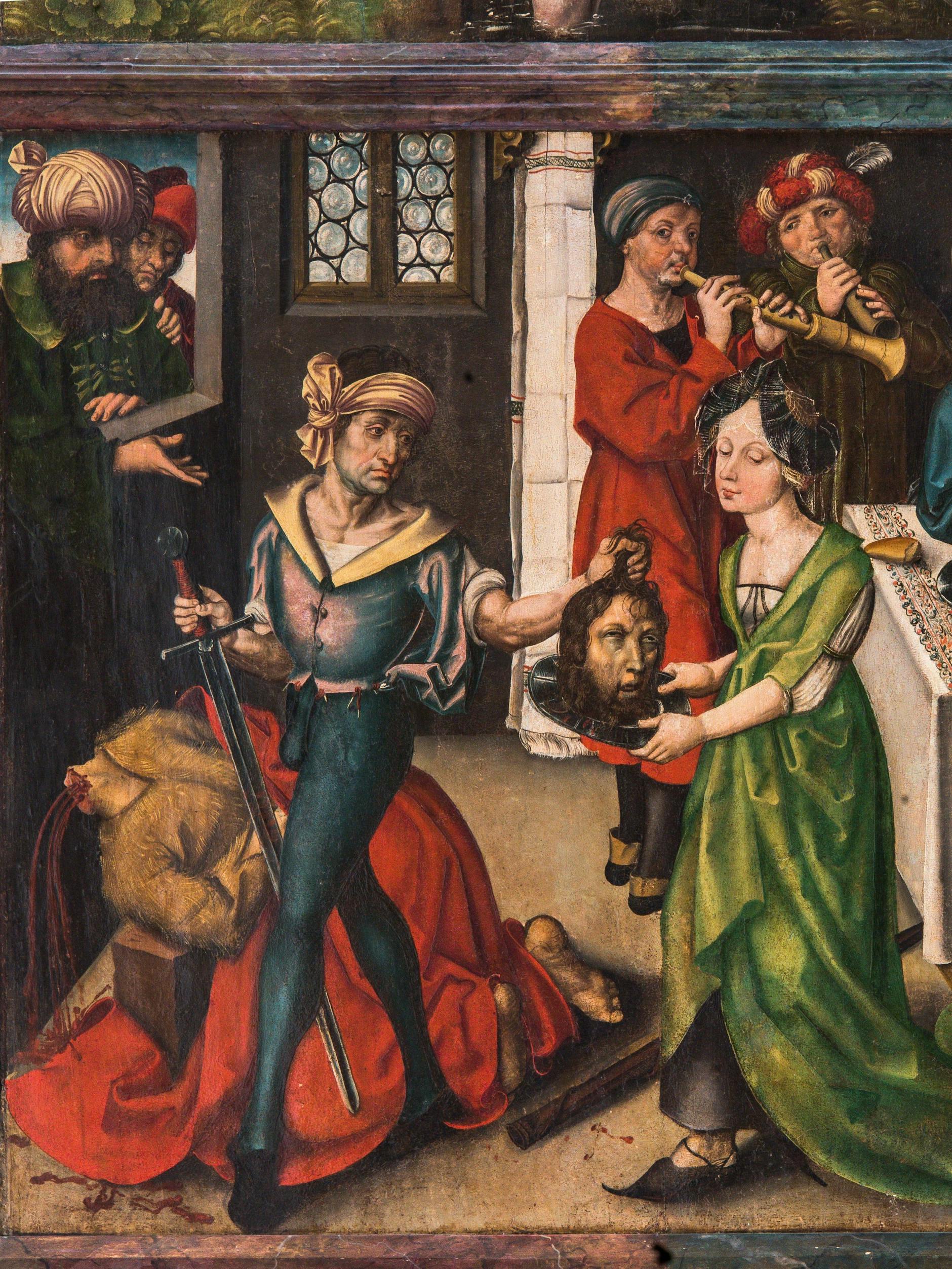 Eine der farbprächtigen Szenen zeigt den Henker mit dem Haupt von Johannes. Der Gesichtsausdruck, die muskulöse Statur, die elegante Beinstellung – all das sei unverkennbar Dürer, meint ein Experte.