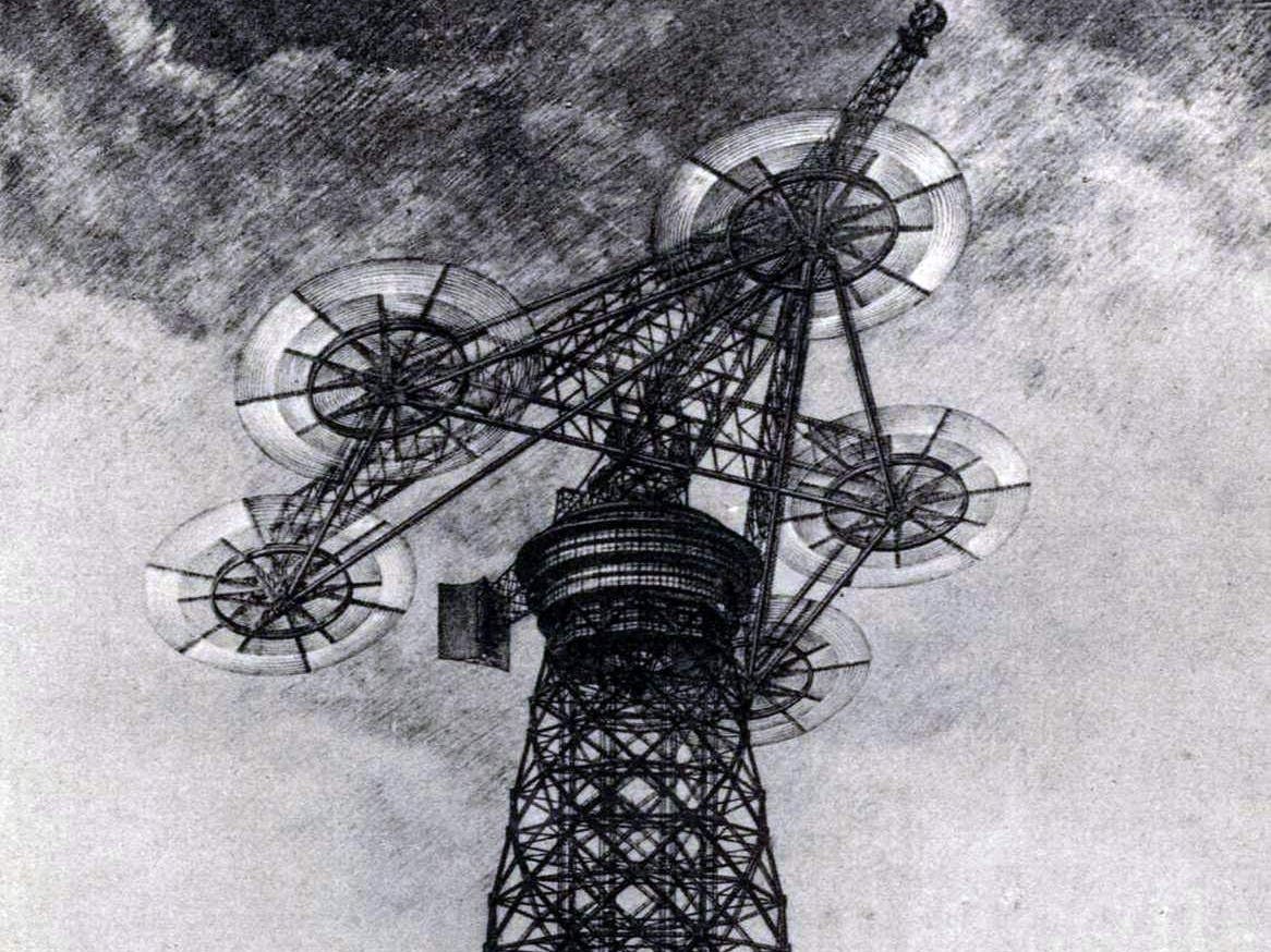 Höhenwindkraftwerk, wie es sich der deutsche Ingenieur Hermann Honnef in den 1930ern vorstellte. Die Türme sollten sich mehr als 400 Meter hoch erheben und Deutschland mit billigem Strom versorgen.<br>