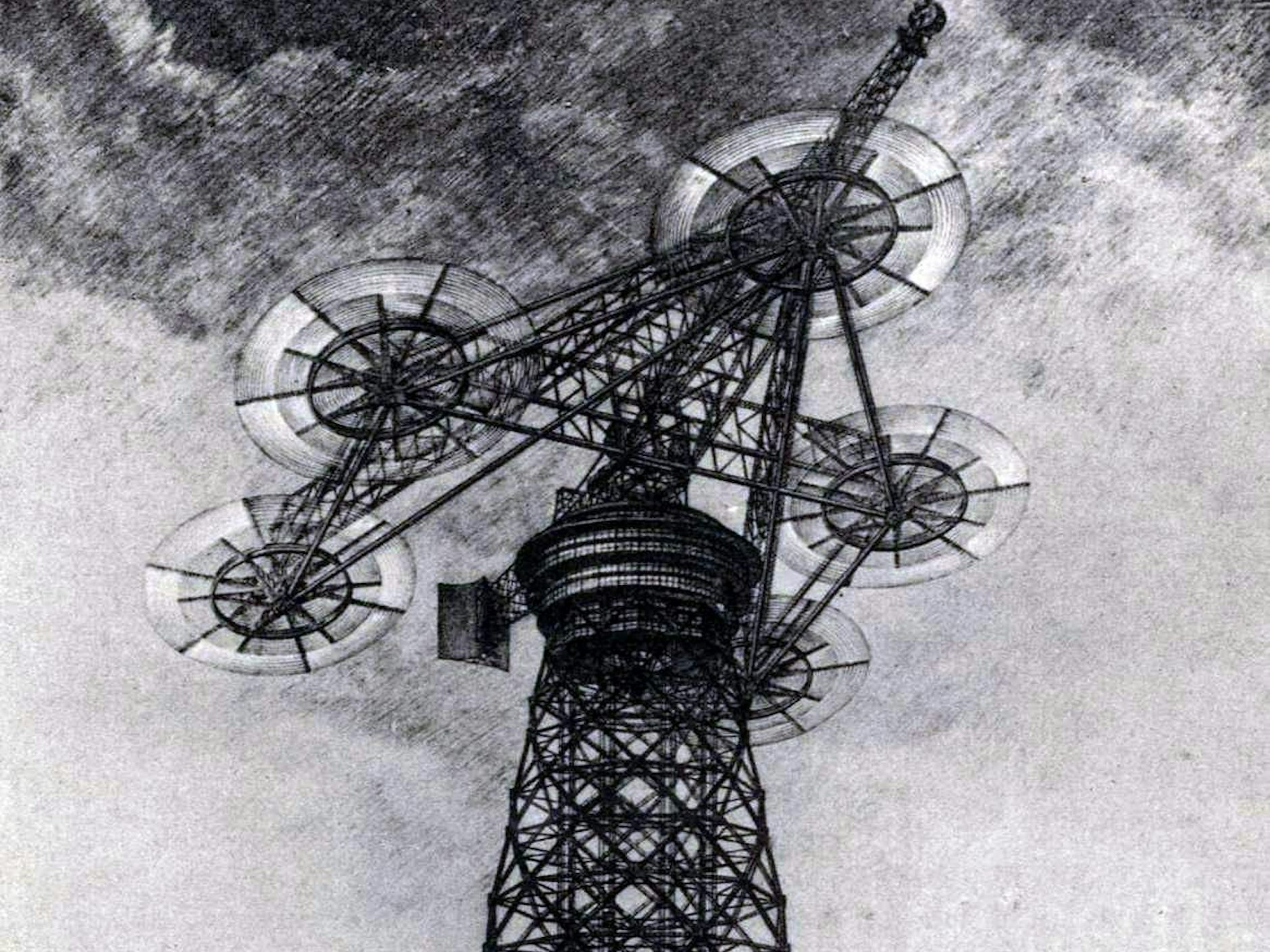 Höhenwindkraftwerk, wie es sich der deutsche Ingenieur Hermann Honnef in den 1930ern vorstellte. Die Türme sollten sich mehr als 400 Meter hoch erheben und Deutschland mit billigem Strom versorgen.<br>