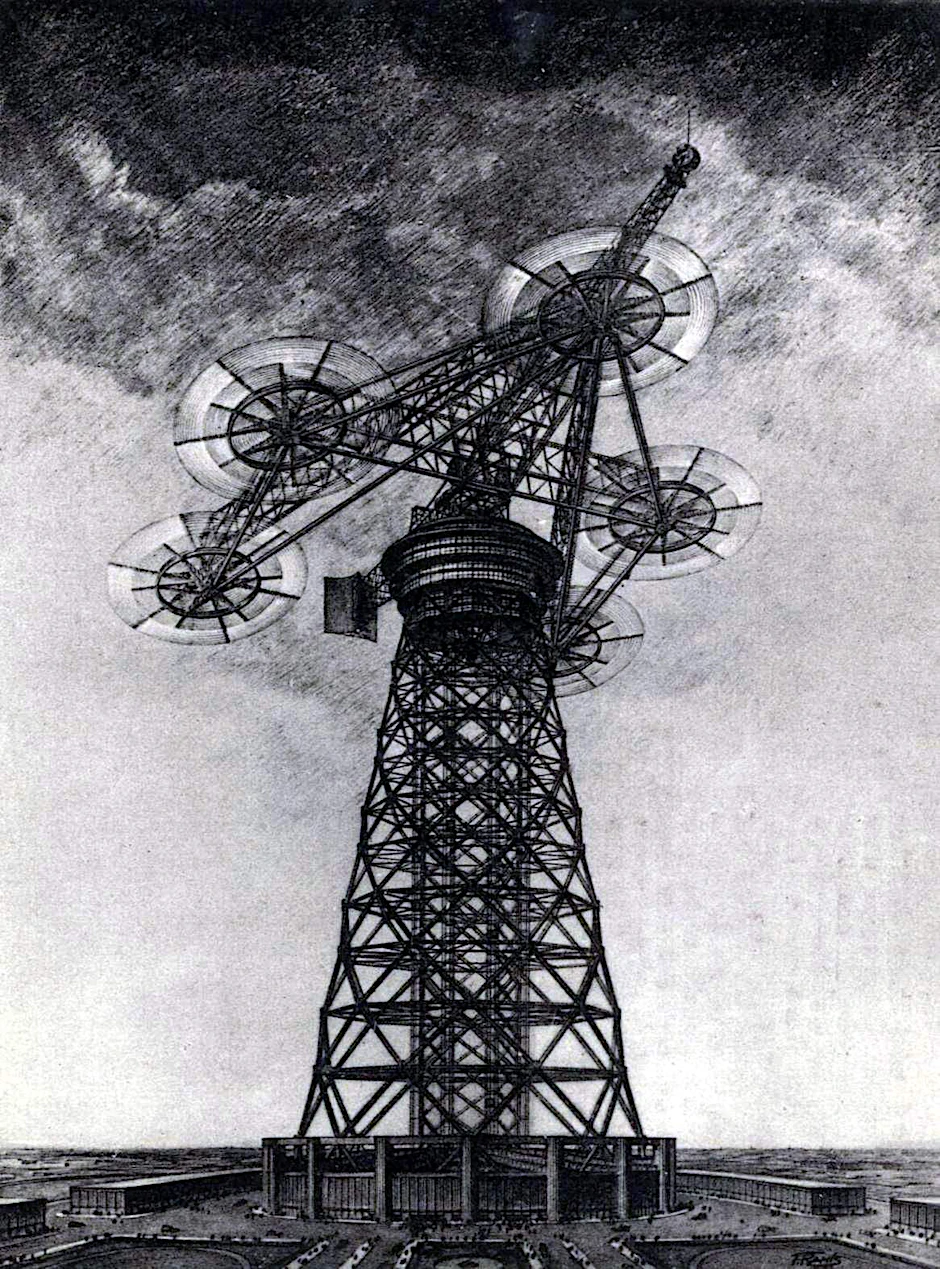 Höhenwindkraftwerk, wie es sich der deutsche Ingenieur Hermann Honnef in den 1930ern vorstellte. Die Türme sollten sich mehr als 400 Meter hoch erheben und Deutschland mit billigem Strom versorgen.<br>