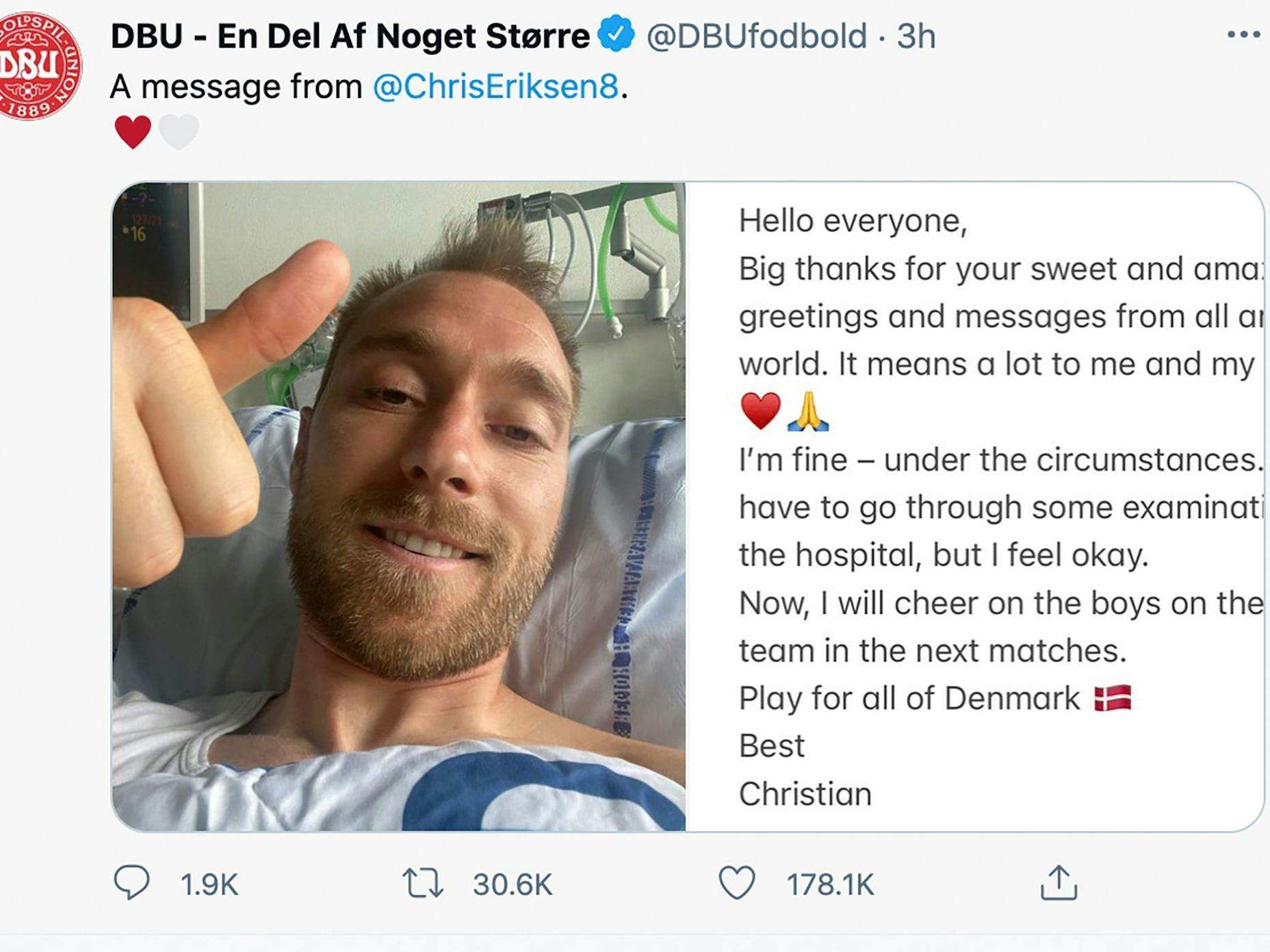 So meldete sich Christian Eriken aus dem Krankenhaus.