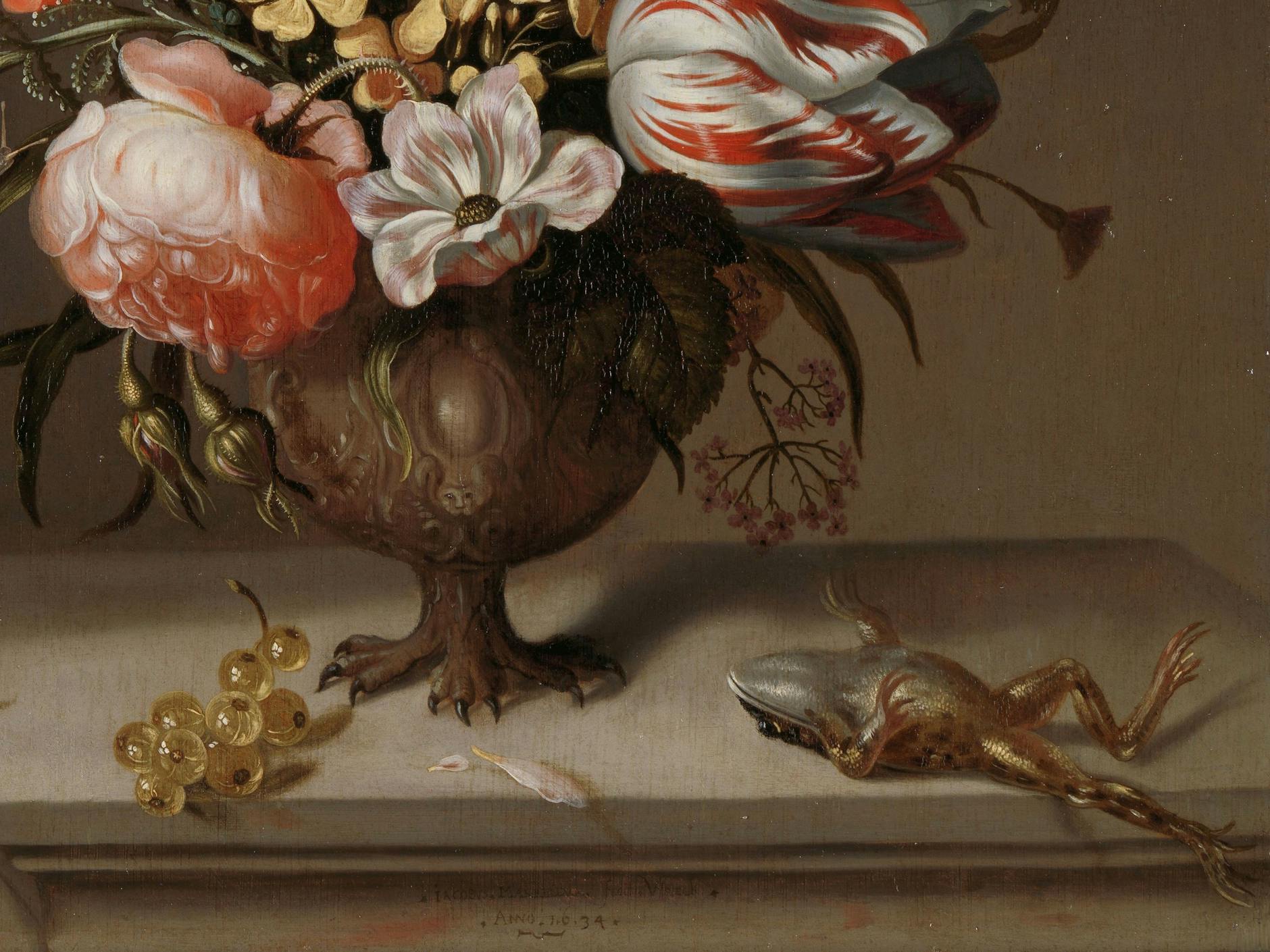 Umwerfend: Im Stillleben (1634) von Jacob Marrel haut der schöne Strauß das Fröschlein um.