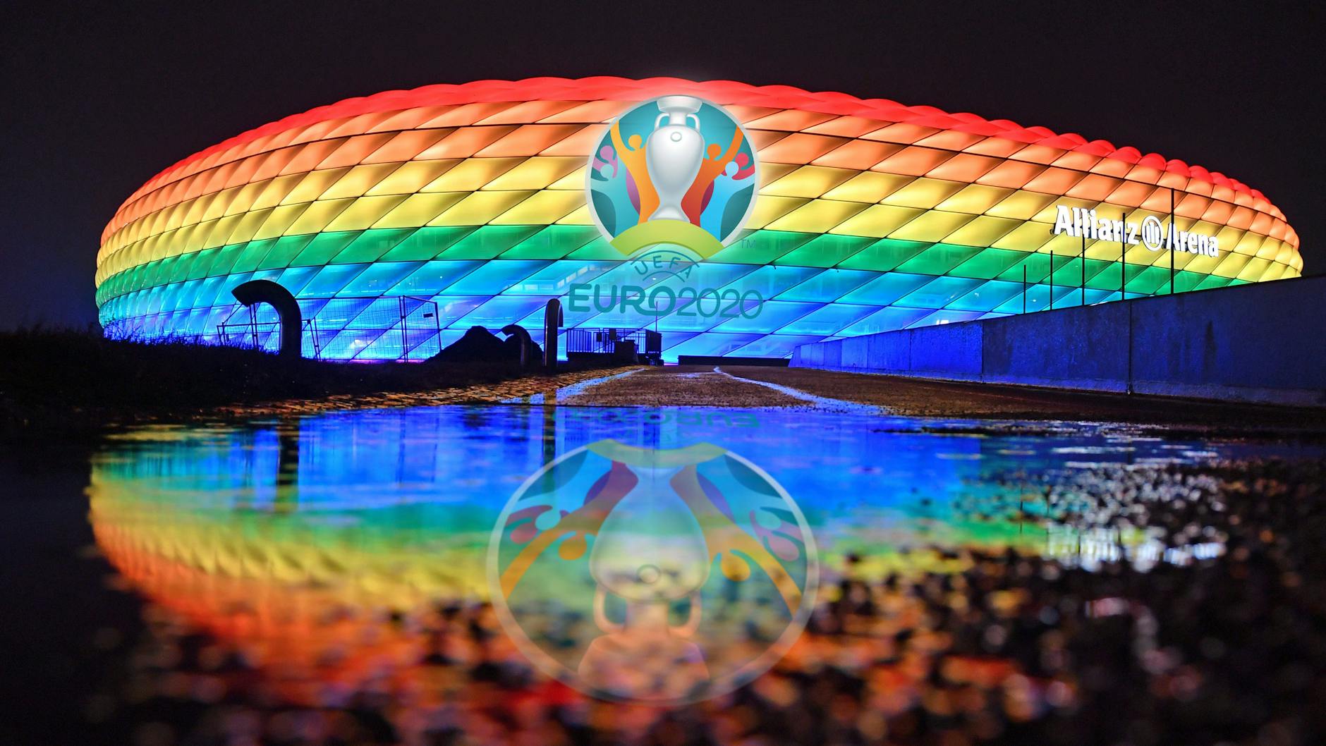 Die Allianz Arena leuchtet in den Regenbogenfarben als Zeichen für Toleranz und gegen Diskriminierung bei einem Bundesligaspiel gegen Hoffenheim (Archivbild: 30.01.2021, Fotomontage: EM-Logo)