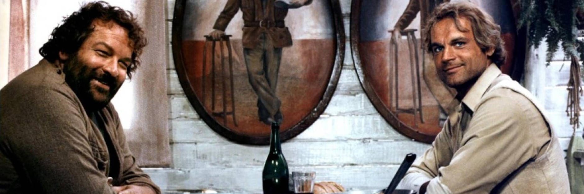 Bud Spencer und Terence Hill bei den Dreharbeiten zum Film „Das Krokodil und sein Nilpferd“.