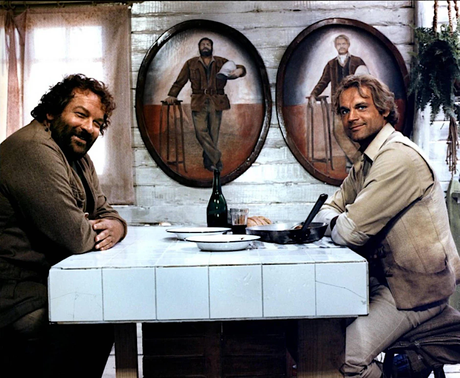 Bud Spencer und Terence Hill bei den Dreharbeiten zum Film „Das Krokodil und sein Nilpferd“.