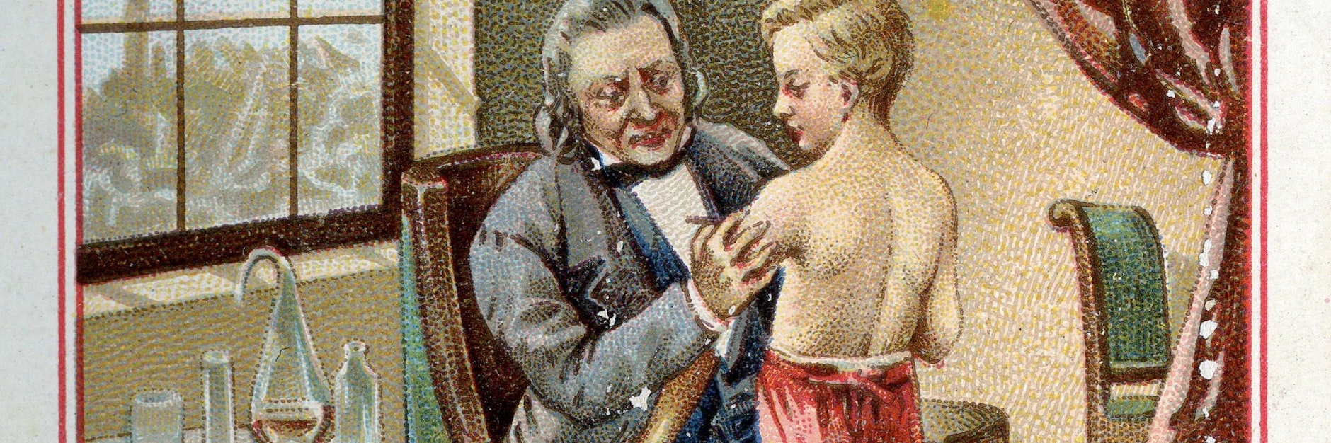 Die Darstellung zeigt, wie der Landarzt Edward Jenner den&nbsp;achtjährigen James Phipps mit Pockenviren impft.&nbsp;Der Junge war später immun gegen die Krankheit.