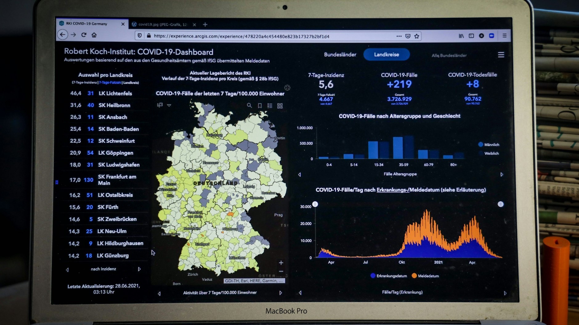 Covid-19-Dashboard des Robert Koch-Instituts vom 28. Juni. 
