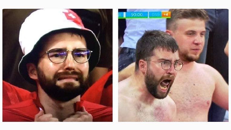 Für die Schweizer Fans war das Achtelfinale gegen Frankreich am Montag ein Wechselbad der Gefühle. Zwischen beiden Bildern von Fan Luca Loutenbach liegen nur wenige Minuten.
