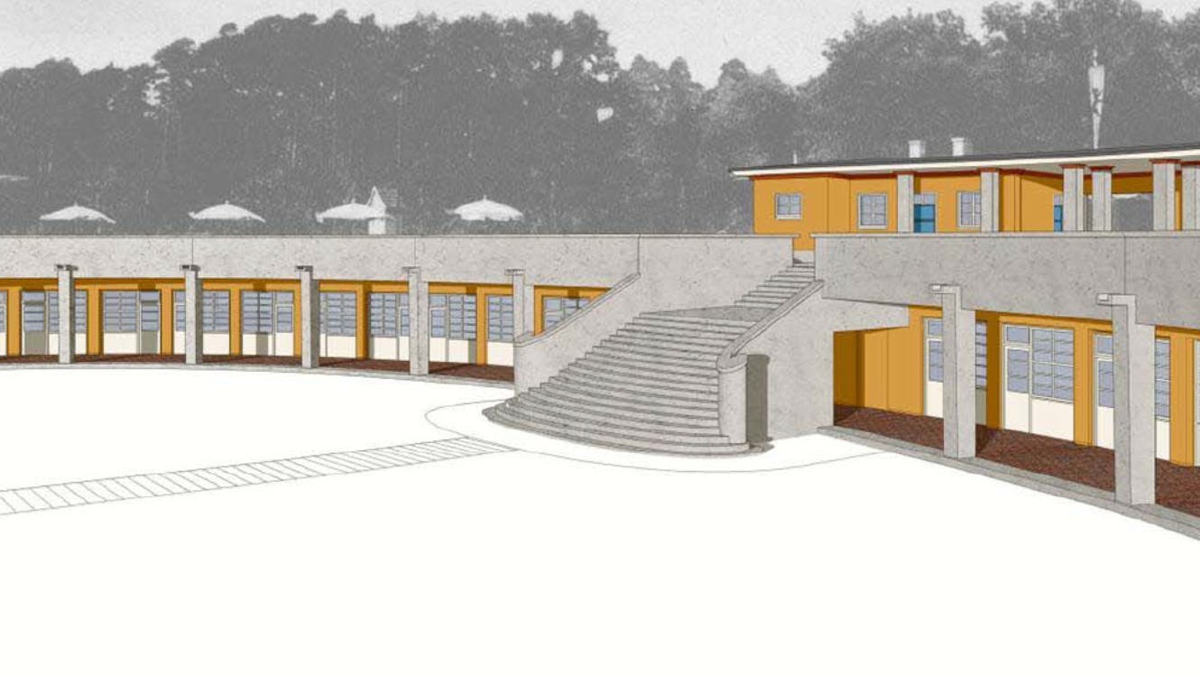 Strandbad Müggelsee: So soll das sanierte Terrassengebäude mit der Original-Treppe aussehen.