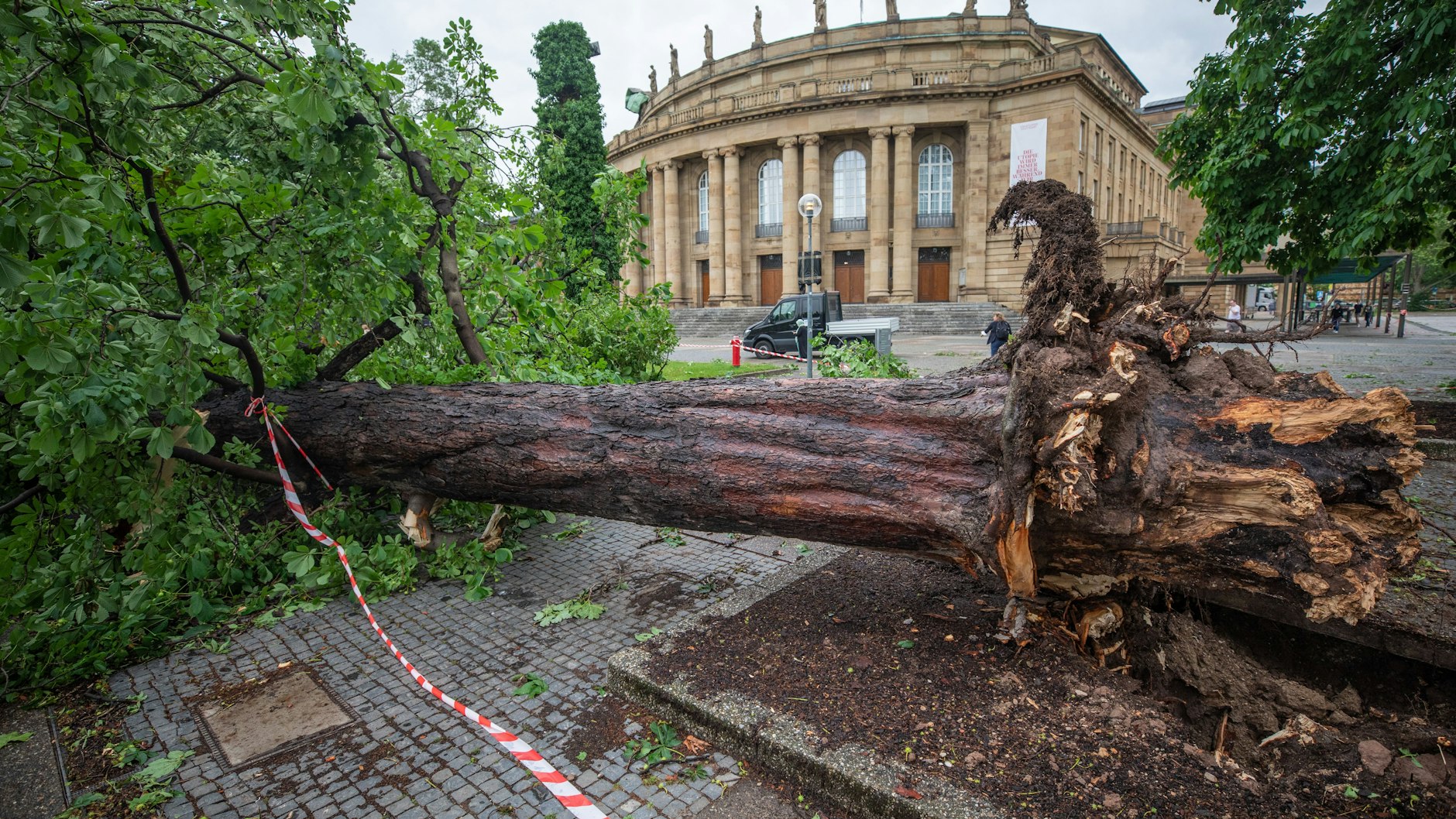 In Stuttgart liegt ein umgestürzter Baum vor dem Opernhaus. Ein starkes Unwetter war über weite Teile Baden-Württembergs hinweggezogen und hatte dabei große Schäden angerichtet. Foto: dpa/Christoph Schmidt 