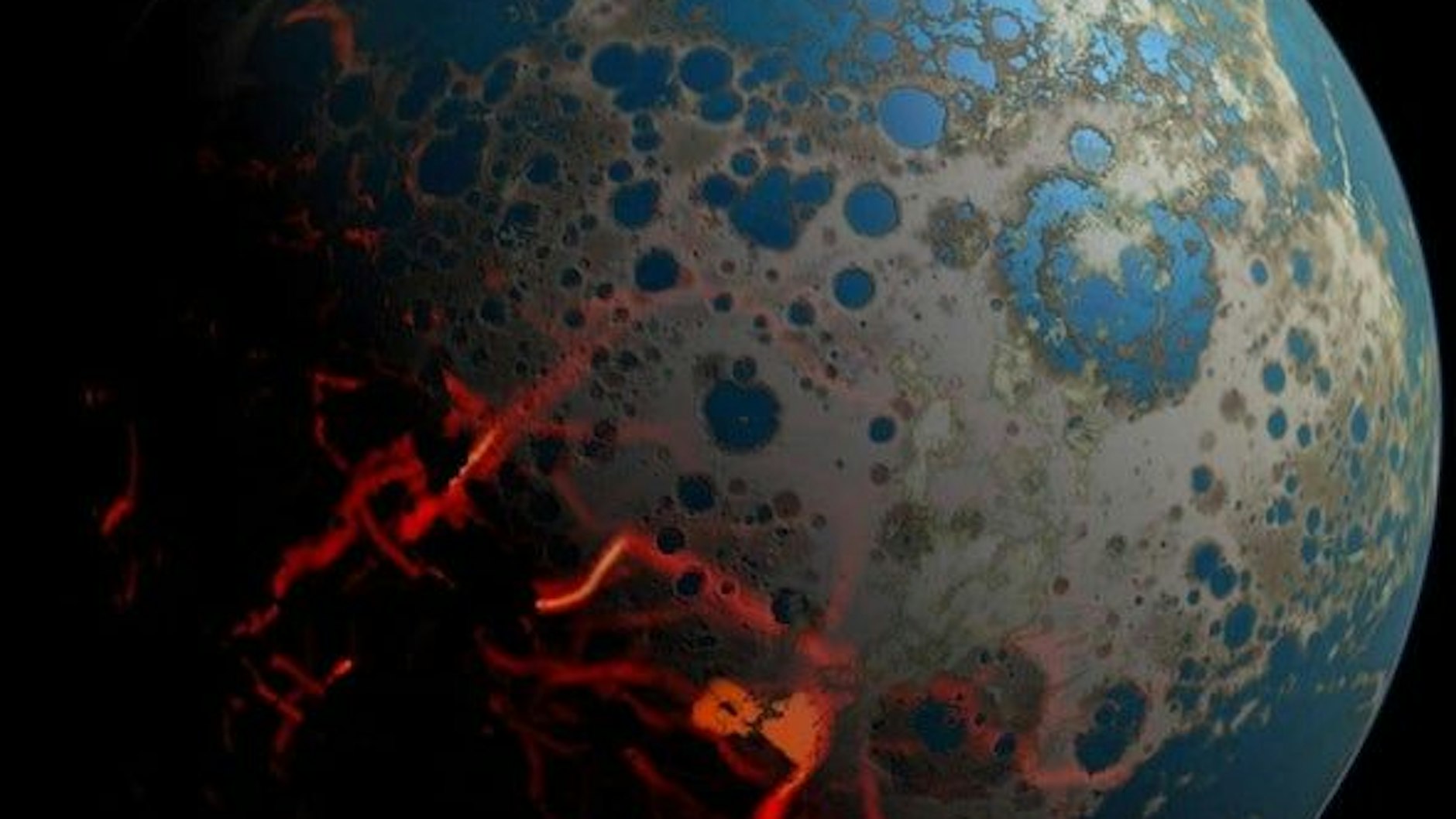 Künstlerische Darstellung der jungen Erde vor etwa vier Milliarden Jahren, mit Kratern von Asteroiden und heißer Lava.