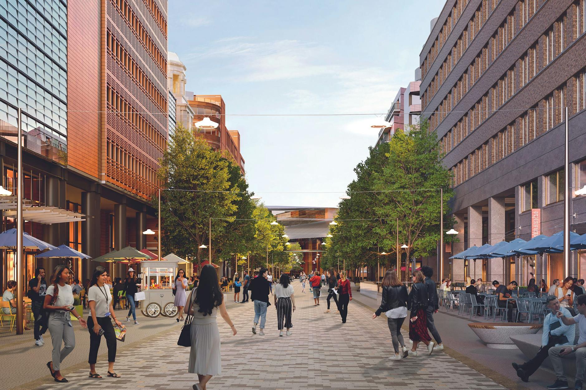 Zukunftsvision: So soll die Alte Potsdamer Straße als Fußgängerzone aussehen. Mit Natursteinbelag und Sitzbänken am Straßenrand.