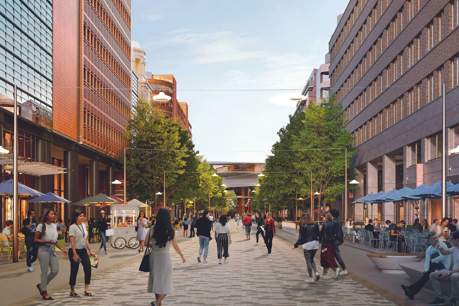 Zukunftsvision: So soll die Alte Potsdamer Straße als Fußgängerzone aussehen. Mit Natursteinbelag und Sitzbänken am Straßenrand.