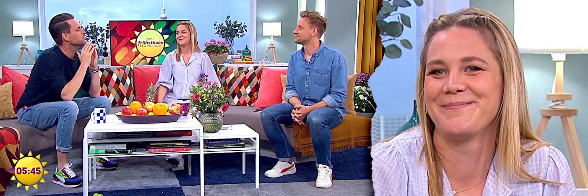 Schon am frühen Morgen wurde Moderatorin Alina Merkau von ihren Kollegen im „Frühstücksfernsehen“ von Sat.1 verabschiedet.