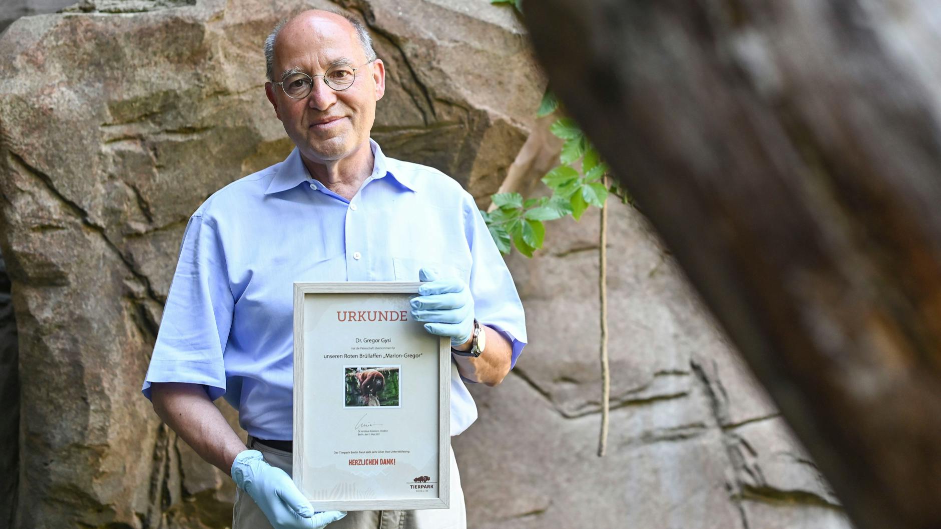Gregor Gysi mit der Paten-Urkunde für den Brüllaffen.<br>