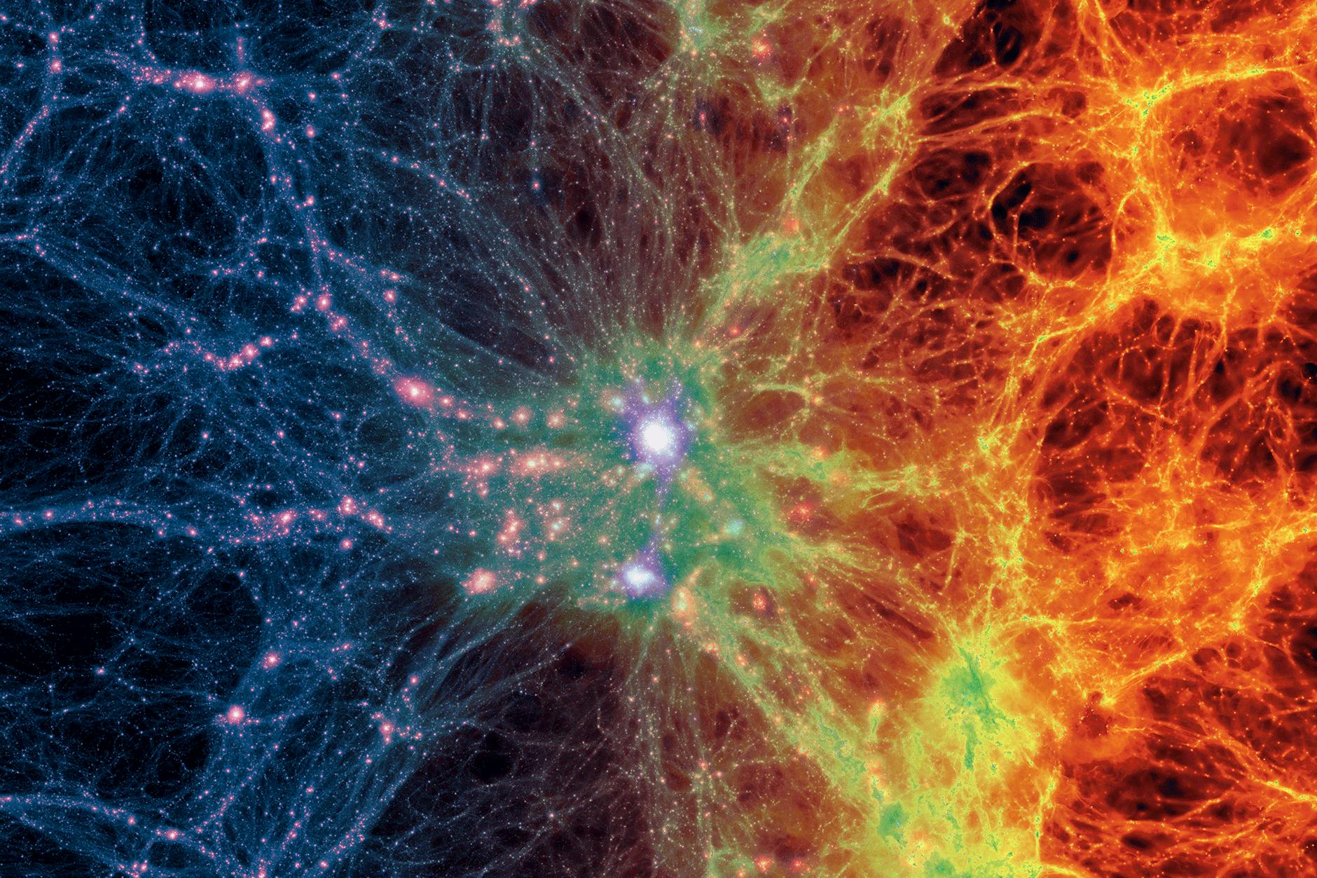 Computersimulation eines Blicks in das kosmische Netz: links die heutige Verteilung der Dunklen Materie mit Galaxien, rechts die des normalen Gases