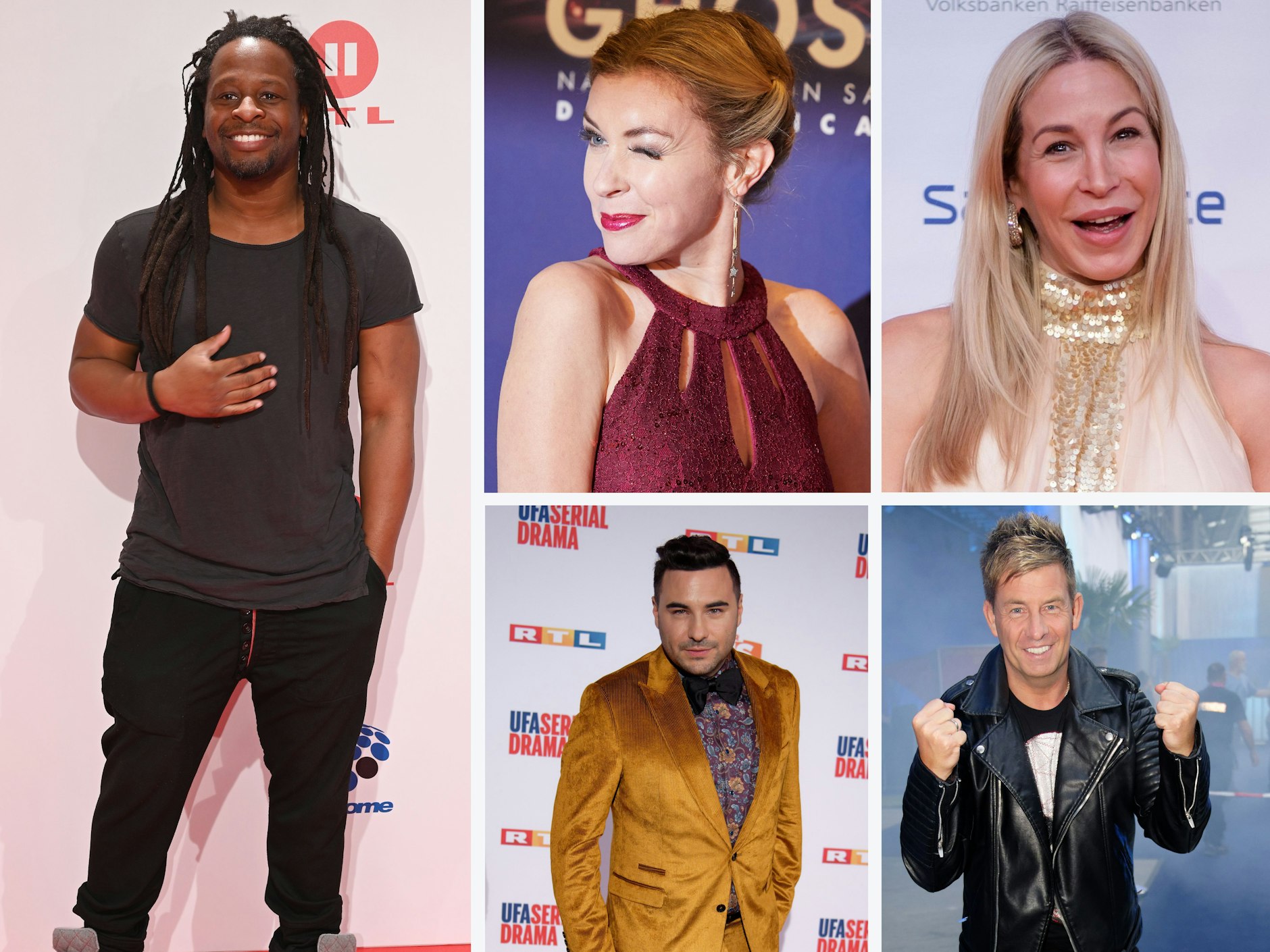 Moderator Mola Adebisi, Comedian und Musical-Darstellerin Janina Korn, Schauspielerin Michelle Monballijn, Schauspieler Lars Steinhöfel (unten, M) und Sänger Almklausi&nbsp;sind Kandidaten der acht Promipaare, die in „Das Sommerhaus der Stars“ eingezogen sind.