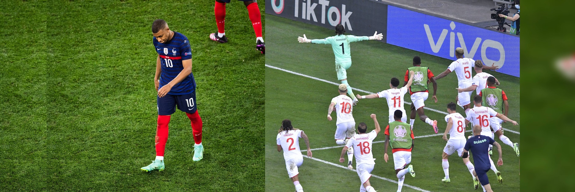 Kylian Mbyppe hatte den entscheidenden Elfmeter verschossen. Yann Sommer und die Schweizer feiern.
