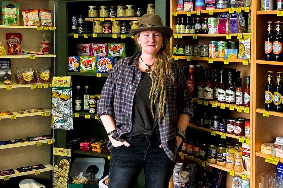 Libby Barnes of Australia Shopping World with some of the shop's products - Vegemite not pictured.